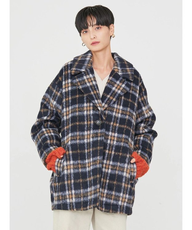 AMERICAN HOLIC チェックコクーンミディコート Check Navy