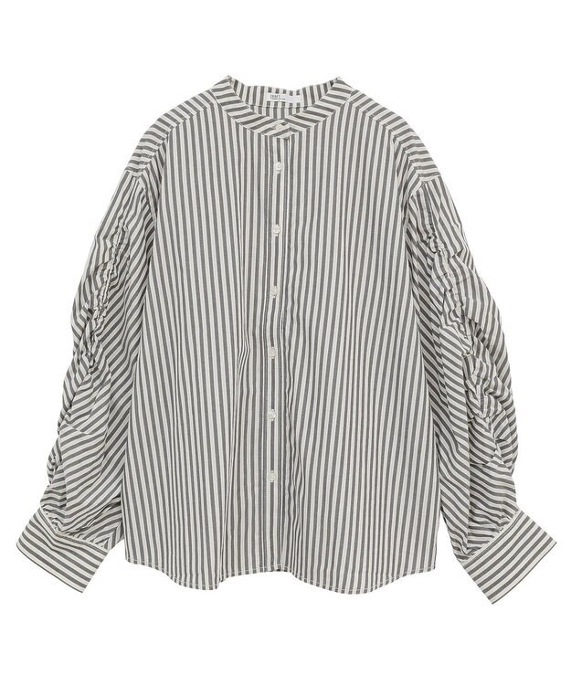 CRAFT STANDARD BOUTIQUE 袖シャーリングバンドカラーシャツ Stripe Gray