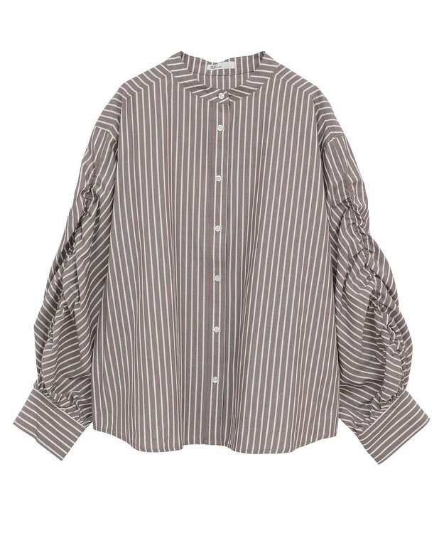 CRAFT STANDARD BOUTIQUE 袖シャーリングバンドカラーシャツ Stripe Brown