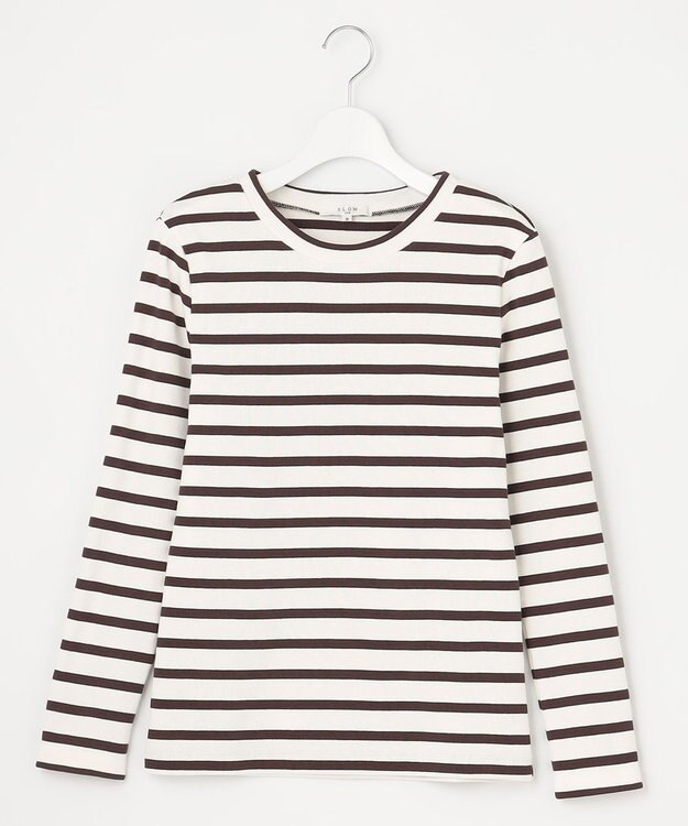 23区 L 【SLOW/洗える】ミドルフライスジャージー ロングTシャツ ホワイト×ダークブラウンボーダー