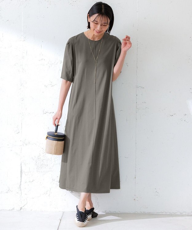 23区 【洗える】ALBINIコーコラン タックスリーブ ワンピース カーキ系