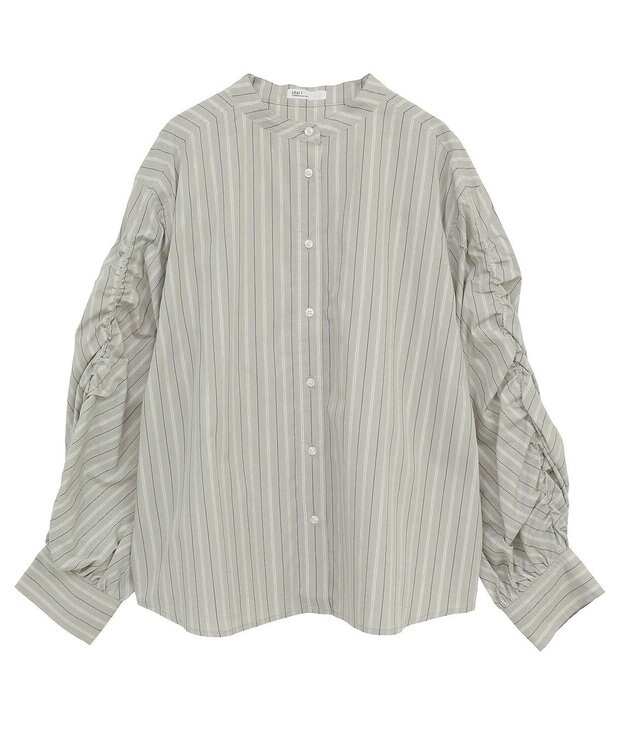 CRAFT STANDARD BOUTIQUE 袖シャーリングバンドカラーシャツ Stripe Beige