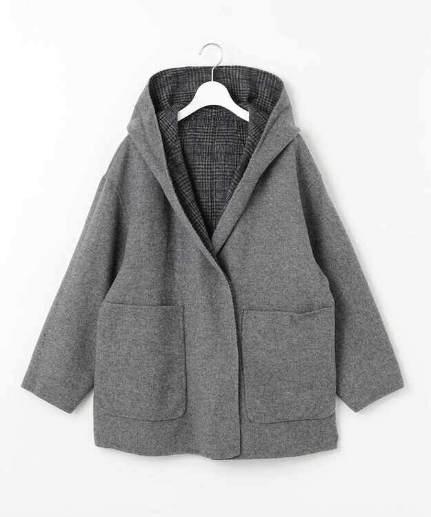 自由区 【リバーシブル】ウールリバー フード付きショートコート グレー系