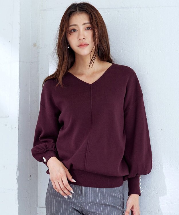 Tiaclasse 【洗える】2WAYパール釦ニットトップス ボルドー