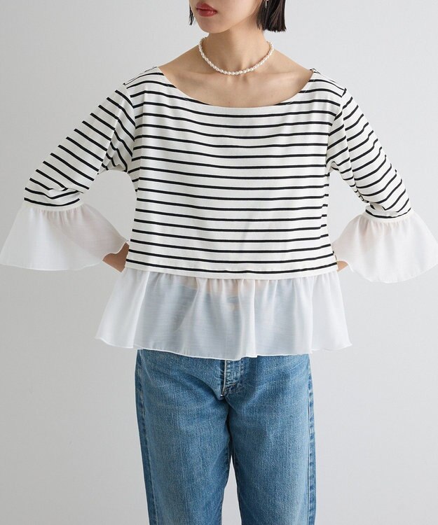 Green Parks 異素材ボーダーペプラムカットソー Off White