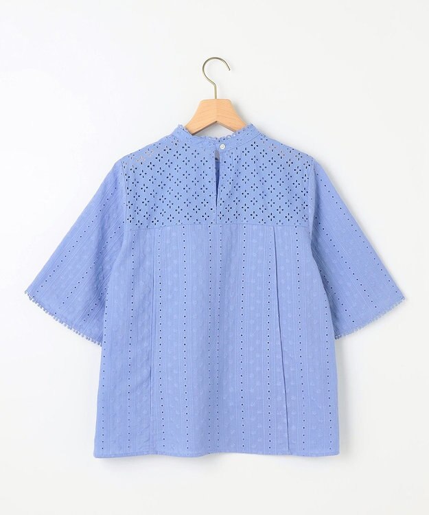 組曲 【WEB限定色あり】エンブロイダリーレース　ハイネック半袖ブラウス ヒヤシンスブルー系