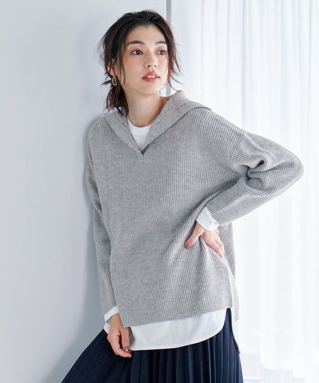 ANY ウールブレンドスキッパーネックニット グレー