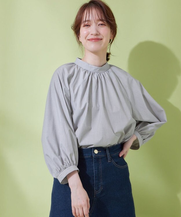 ANY 【速乾/UVカット/抗菌防臭/手洗い】エニィファンクションボリューム袖ブラウス グレーストライプ