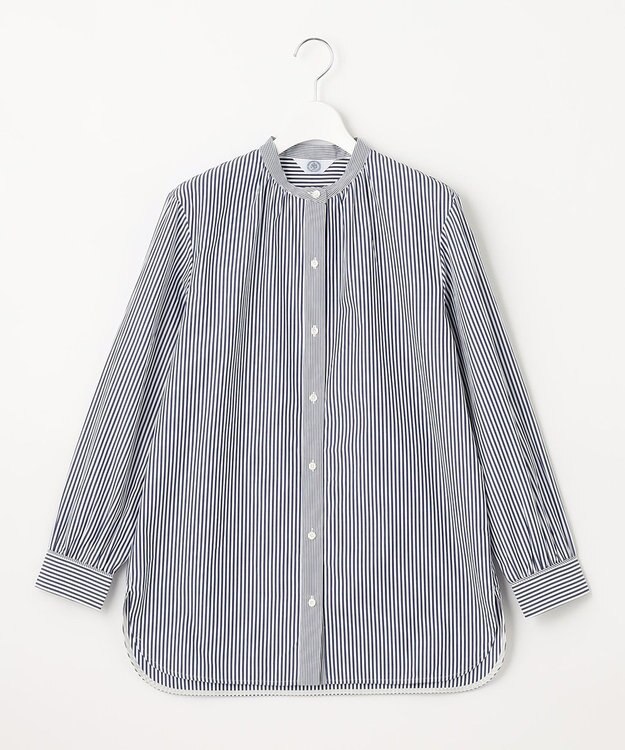 J.PRESS LADIES L 【洗える】 コンパクトコットン ストライプ バンドカラー ブラウス ネイビー系1