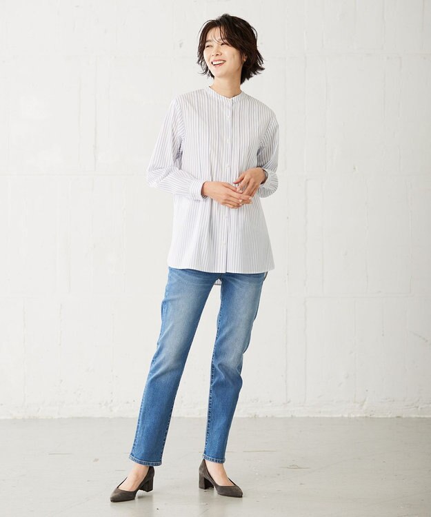 J.PRESS LADIES 【洗える】 BEZ VEGA ピンタック ストライプ ブラウス ネイビー系1