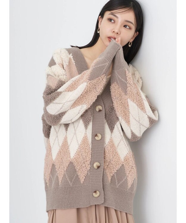 earth music&ecology ループ編みアーガイルカーディガン Beige