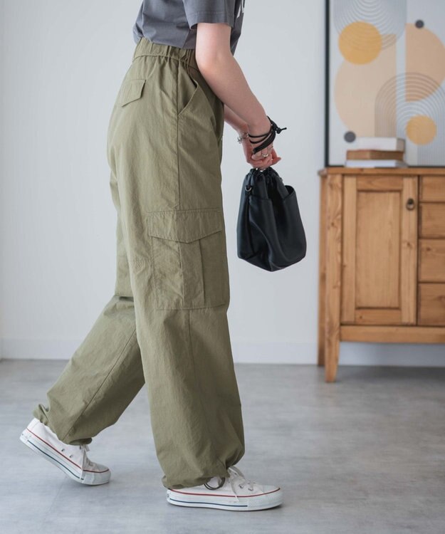 WEGO 【ウエストゴム】ナイロンイージーワイドカーゴパンツ カーキ