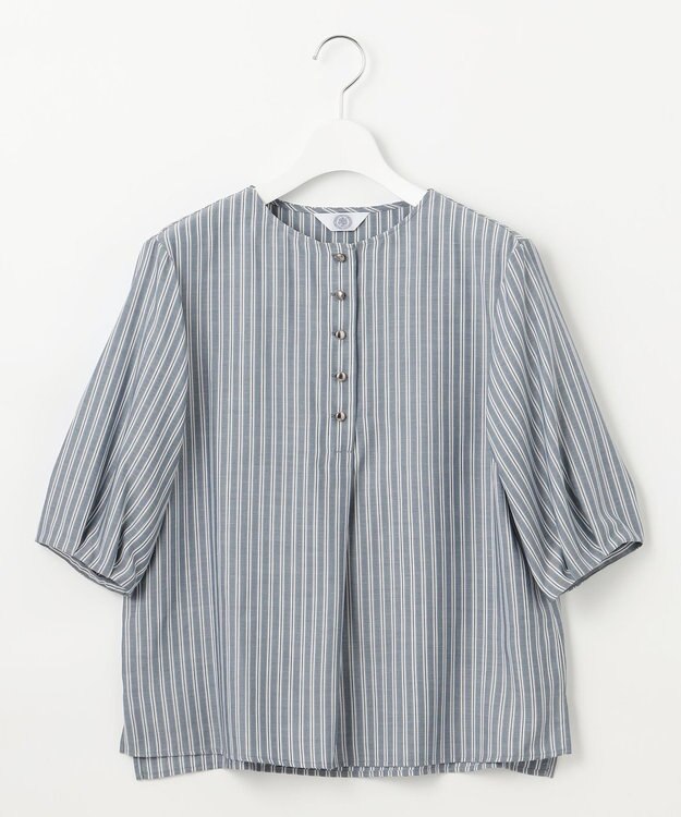 J.PRESS LADIES S 【洗える】ウォッシャブルキュプラツイル ボートネック ブラウス ネイビーシャンブレーストライプ系