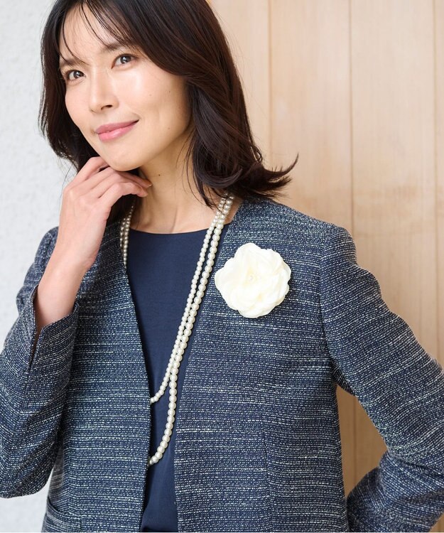 ANY ライトツイード　Ｖネックノーカラージャケット オフ×ネイビー