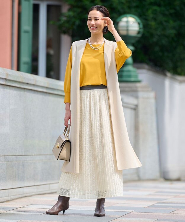 自由区 L 【セットアップ対応・ウエストゴム・洗える】ラッセルレース  スカート ベージュ系