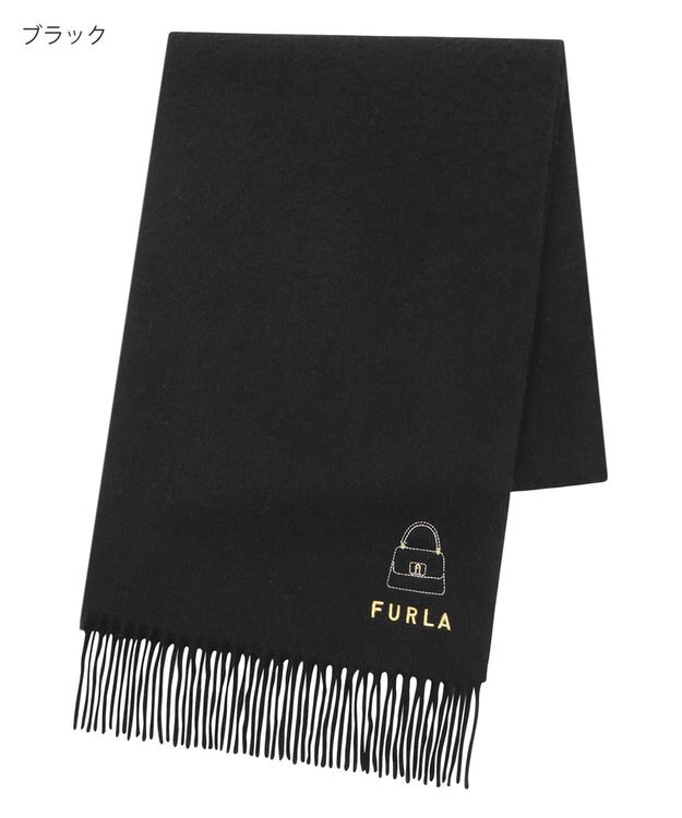 MOONBAT 【WEB限定】フルラ (FURLA) 刺繍入りマフラー 無地×バッグ柄 ウールマフラー ロゴ刺繍 ブラック