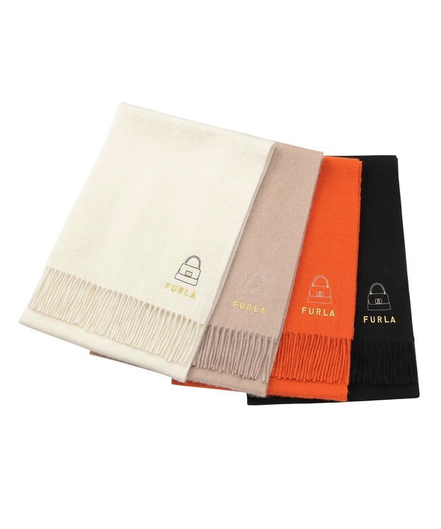 MOONBAT 【WEB限定】フルラ (FURLA) 刺繍入りマフラー 無地×バッグ柄 ウールマフラー ロゴ刺繍 ブラック