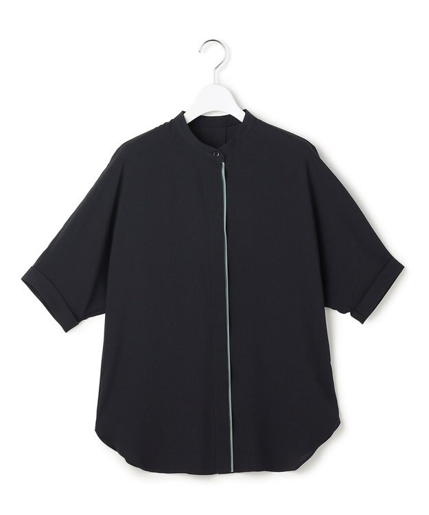 ICB L 【新色追加・WEB限定カラーあり】BackSatinAmunzen 5分袖バンドカラーブラウス ネイビー×ダークセージ