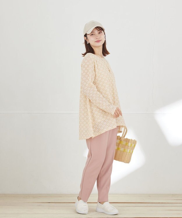 Tiaclasse L 花柄カットレースフレアトップス ピンクベージュ