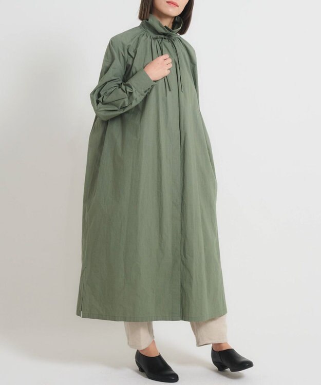 muuc 〈遠州織物〉リボン紐付き多様衿 シャツワンピース〈タートルネック＆開襟〉〈コットン羽織り〉 グリーン