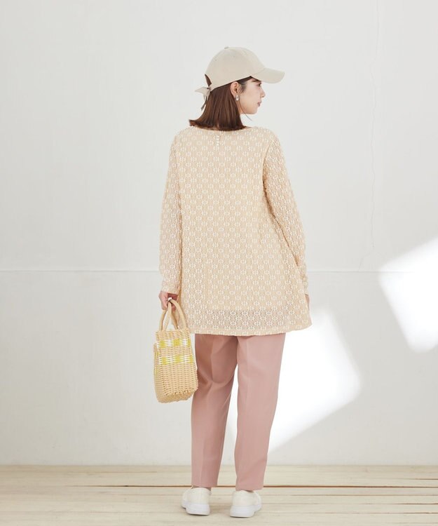 Tiaclasse L 花柄カットレースフレアトップス ピンクベージュ