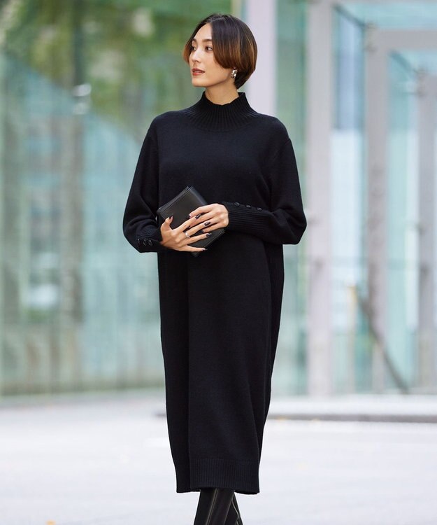 ICB L 【WEB限定カラーあり】 ソフトカシミヤミックス ハイネックワンピース ブラック系