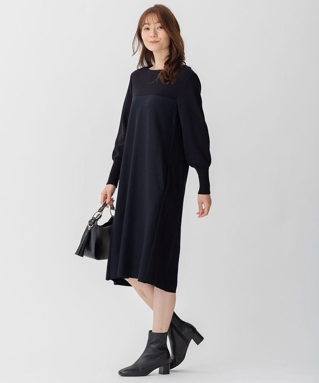 自由区 ウールニットコンビジャージー ワンピース ネイビー系