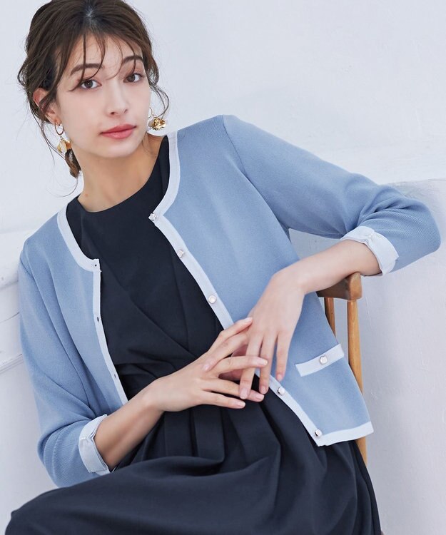 Tiaclasse 【洗える】配色使い総針袖リボンカーデ ブルー×サックス