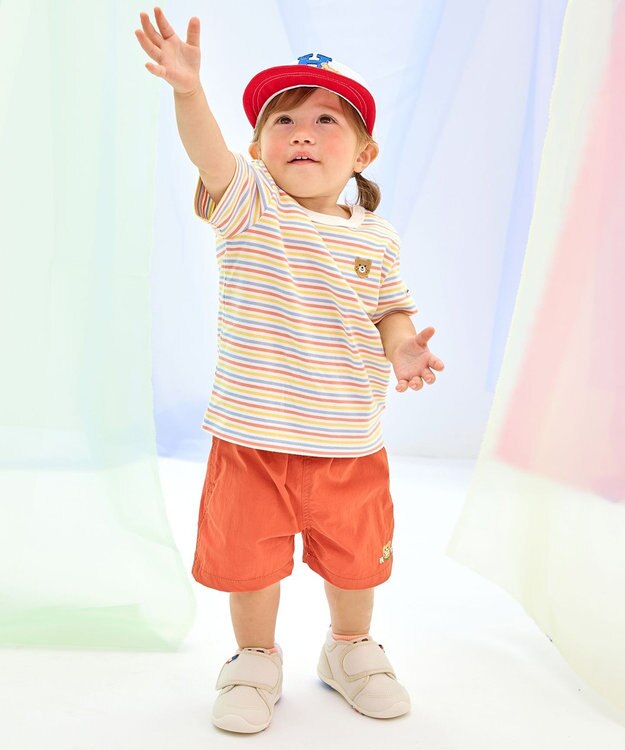 MIKI HOUSE HOT BISCUITS 【70-120cm】 みじんボーダー ワンポイント刺繍 半袖Tシャツ マルチカラー