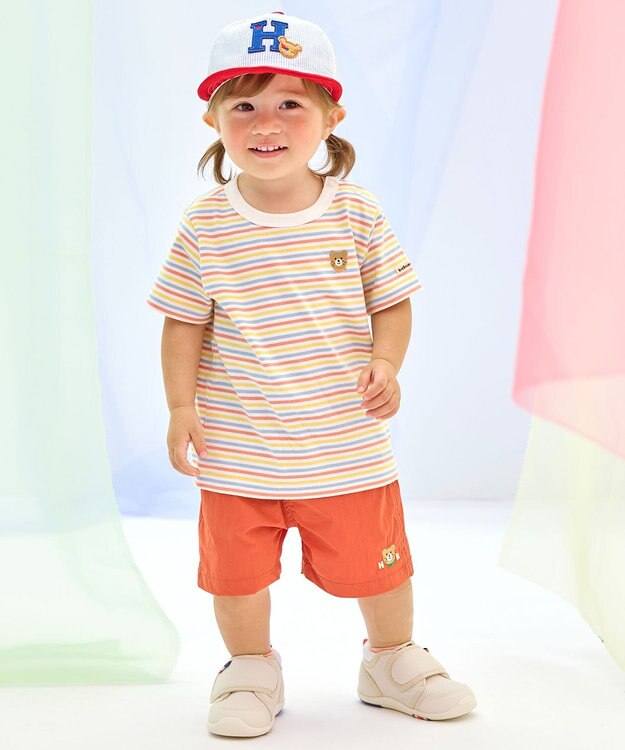 MIKI HOUSE HOT BISCUITS 【70-120cm】 みじんボーダー ワンポイント刺繍 半袖Tシャツ マルチカラー