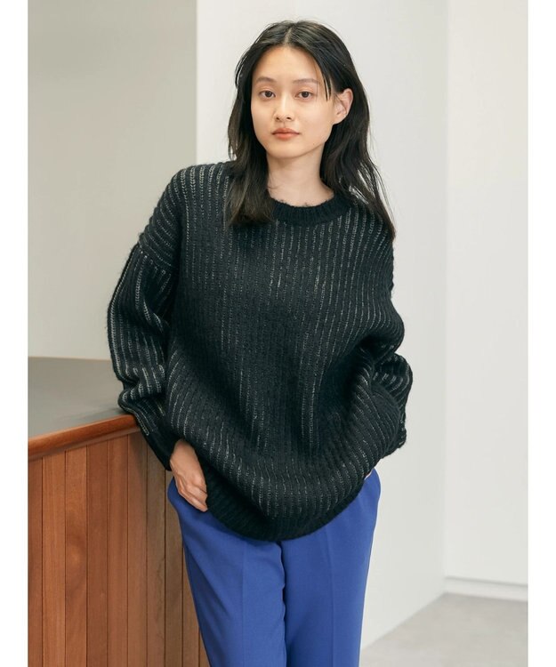 AMERICAN HOLIC バイカラー片畦ニットチュニック Black