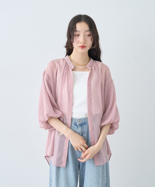 earth music&ecology バルーンスリーブシアーシャツ Pink