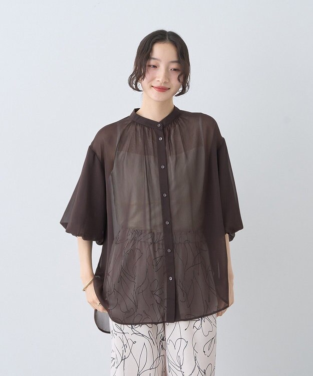 earth music&ecology バルーンスリーブシアーシャツ Brown