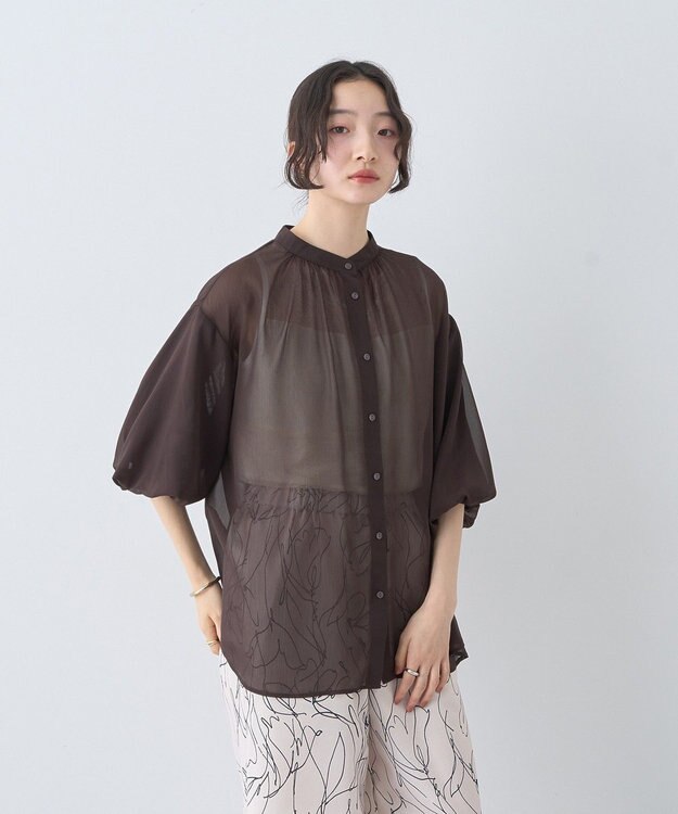 earth music&ecology バルーンスリーブシアーシャツ Brown