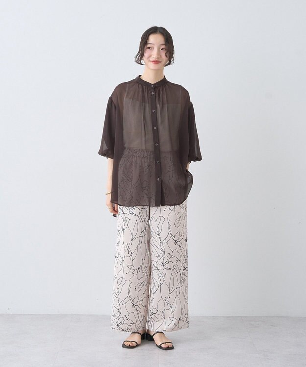 earth music&ecology バルーンスリーブシアーシャツ Brown