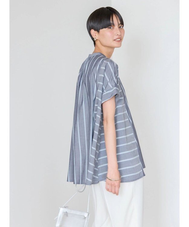 AMERICAN HOLIC 接触冷感フレンチスリーブ切り替えフレアブラウス Stripe Navy