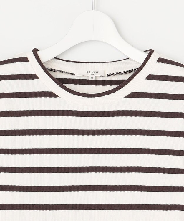 23区 L 【SLOW/洗える】ミドルフライスジャージー ロングTシャツ ホワイト×ダークブラウンボーダー