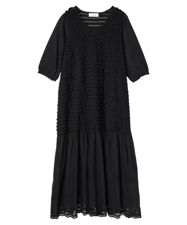 Green Parks ■ＥＳＣＡＲ　ウェーブカット×ローン刺繍ワンピース Black