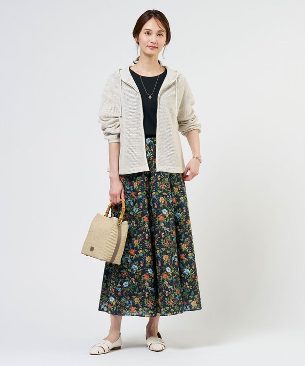 J.PRESS LADIES スパンボタニカル プリント ロング フレア スカート ネイビー系