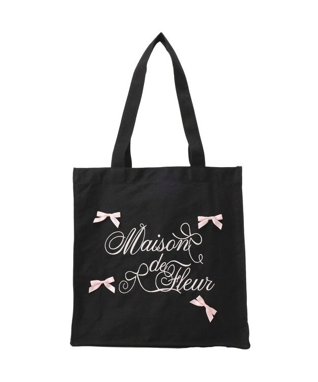 Maison de FLEUR リボンブランドロゴ刺繍スクエアトートバッグ Black