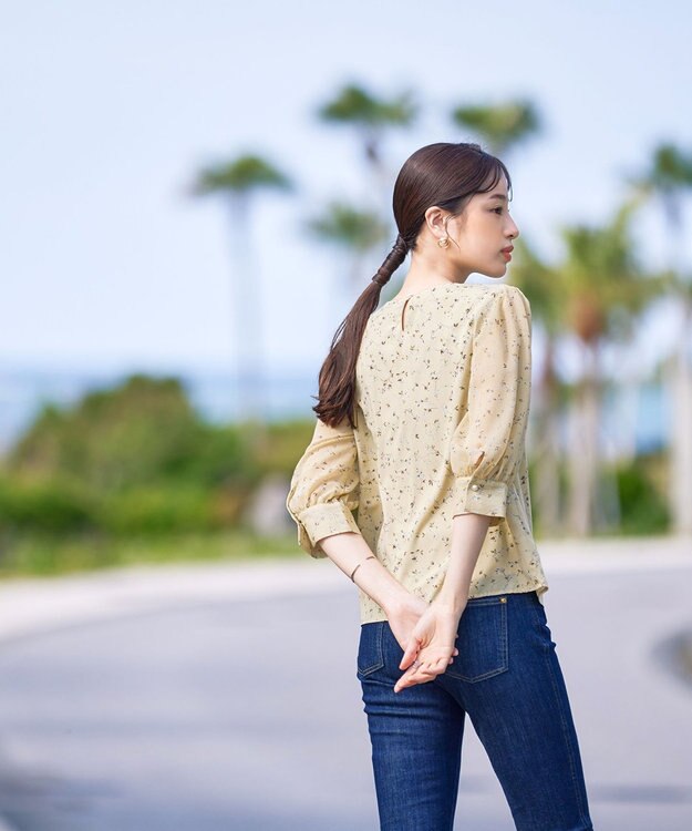 Tiaclasse L 【洗える】花柄Vネックブラウス イエロー