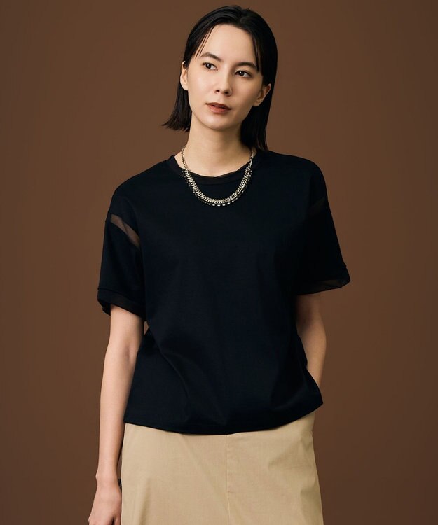 自由区 S ナチュラルコットンハイゲージシアーアクセント Tシャツ ブラック