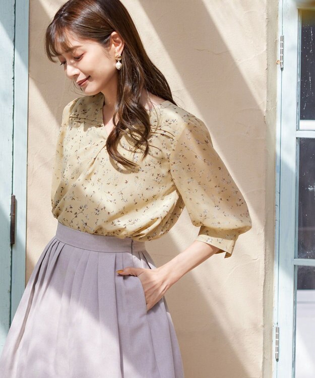 Tiaclasse L 【洗える】花柄Vネックブラウス イエロー