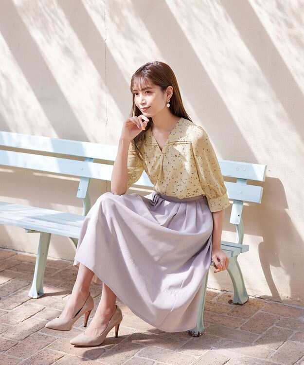 Tiaclasse L 【洗える】花柄Vネックブラウス イエロー