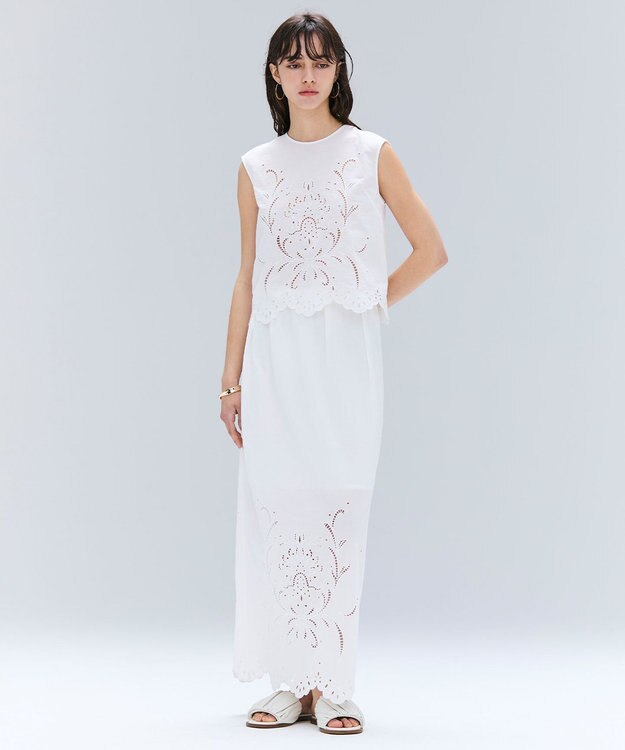 BEIGE， 【洗える】GALLERIA / コットンエンブロイダリーIラインスカート White