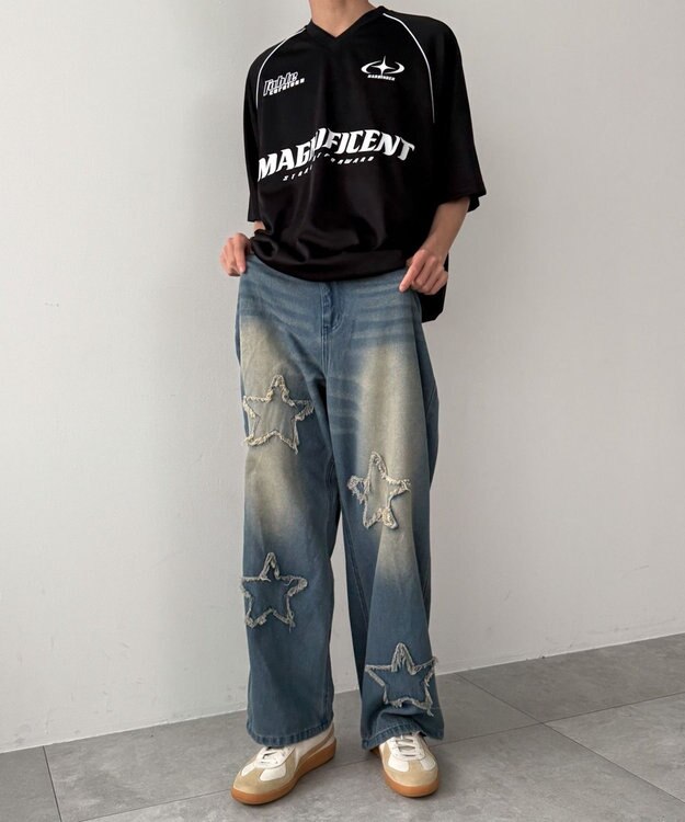 WEGO スターモチーフオーバーダイバギーパンツ ブルー