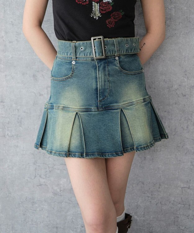 WEGO ベルト付デニムプリーツスカパン デニム中濃加工色