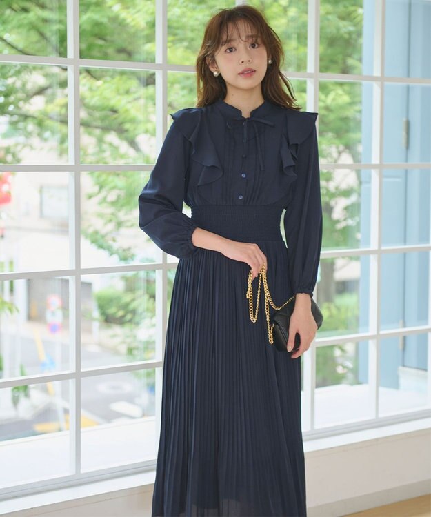 Feroux 【洗える】プリーツ ワンピース ネイビー系（無地）