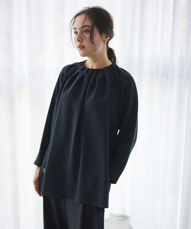 #Newans 【洗濯機可能】タックネックブラウス ネイビー