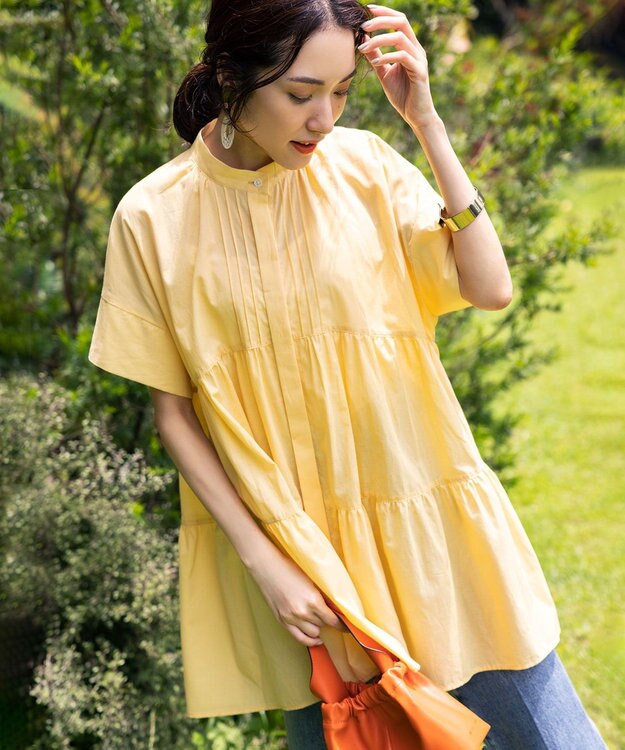 組曲 【洗える】ナチュラルローンギャザーフレア ブラウス ライトオレンジ系